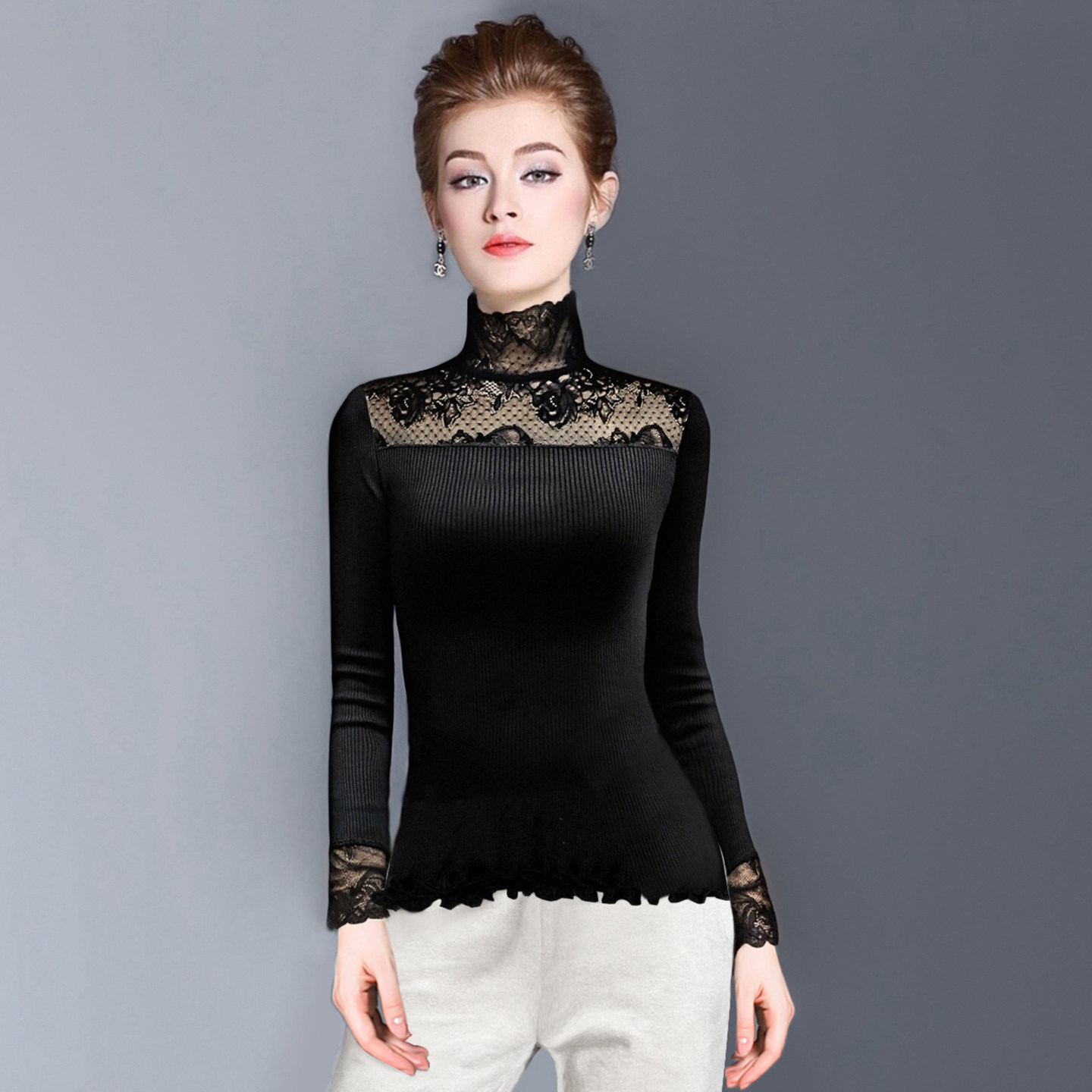 半高领桑蚕丝黑色上衣女春秋季2025新款内搭时尚洋气蕾丝打底衫秋,淘宝优惠券,粉丝福利购,淘宝优惠卷