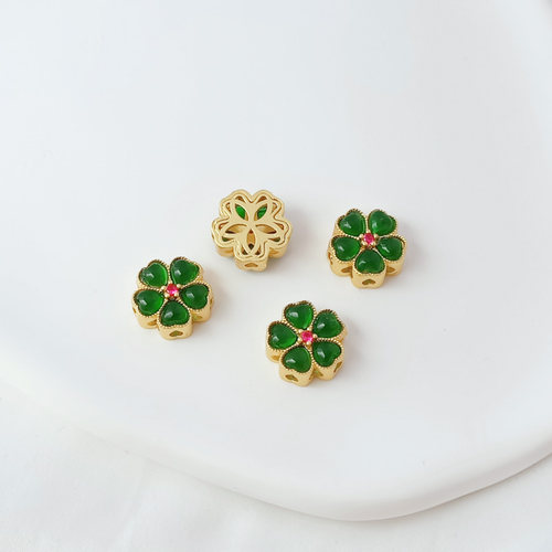 18K包金古法金保色镶玉粘贝四叶草葫芦五叶花直孔手工DIY散珠配件 - 图2