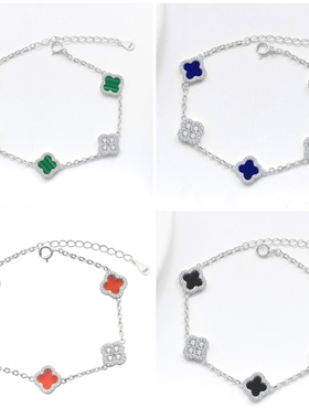 天然玛瑙四叶草手链S925纯银时尚小巧精致百搭简约银手饰送礼物