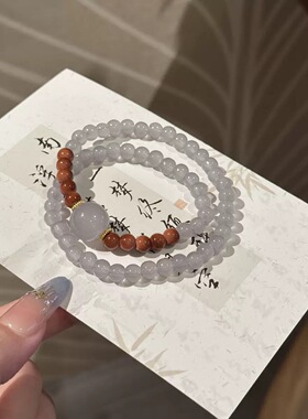 玻璃中式三圈好运石榴红手串复古气质编织闺蜜手链