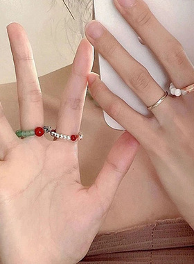 彩色水晶串珠戒指ins小众设计感手指戒轻奢气质百搭指环配饰