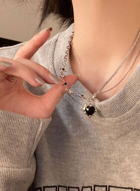 甜酷爱心双层钛钢项链女轻奢小众毛衣卫衣链设计感锁骨链批发吊坠