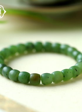 顽石灵温润如凝脂收藏级老矿料菠菜绿直切碧玉和田玉手串W2-208