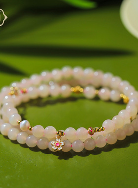 顽石灵雅致温婉毕业级细肉藕粉和田玉S925银设计款多圈手链W2-202