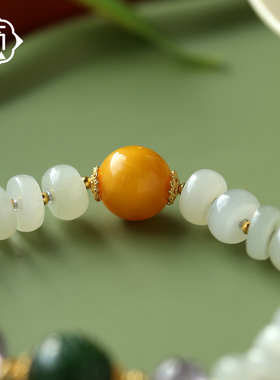 顽石灵精品级设计款和田玉算盘珠紫水晶混搭蜜蜡S925银手串W2-358