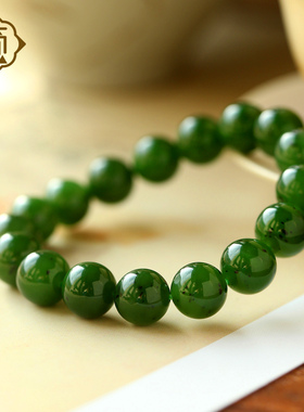 顽石灵深沉墨绿感毕业级老坑菠菜绿和田玉碧玉圆珠手串W1-16