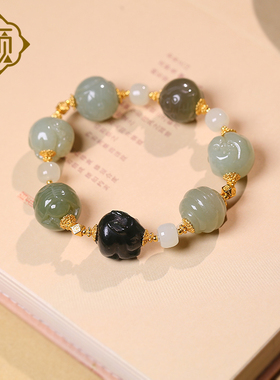 顽石灵 收藏级和田玉多宝精工雕刻生肖款S925银设计手串W1-363