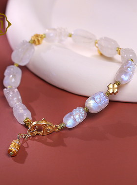 顽石灵 收藏级月光石精工貔貅S925银配饰水晶手串W1-430