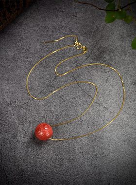 （杨七七）红色六字真言圆珠路路通项链（红色朱砂，链子s925镀金