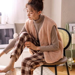 秋鹿北极绒保暖背心女冬季纯色V领情侣马甲加绒加厚男款内搭上衣