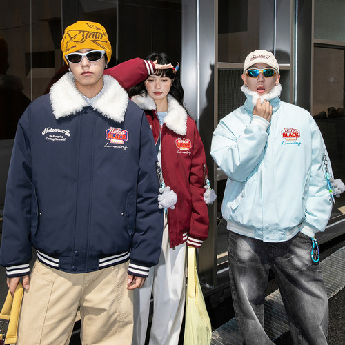 NOTEARS 美式复古刺绣情侣毛领夹克棉衣冬季加厚棉服外套男女同款 - 图0