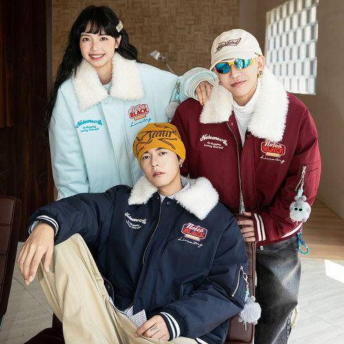 NOTEARS 美式复古刺绣情侣毛领夹克棉衣冬季加厚棉服外套男女同款 - 图2