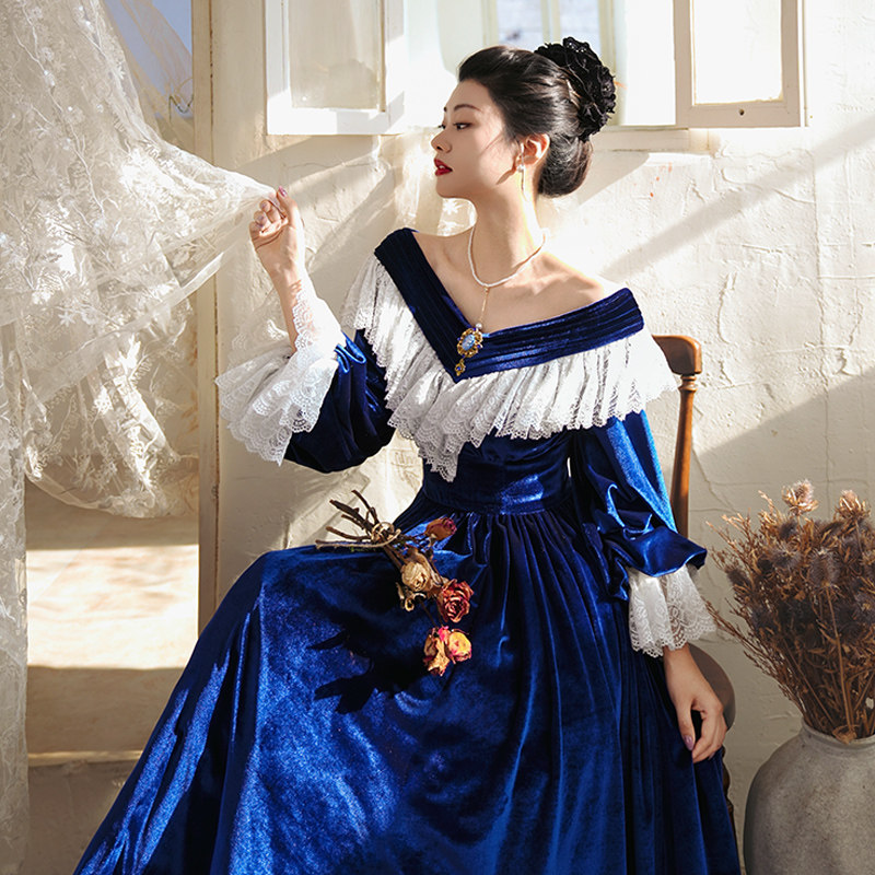 1/4上新 弥爱原创《蓝调月光》宫廷复古丝绒蕾丝束腰礼服连衣裙,淘宝优惠券,粉丝福利购,淘宝优惠卷