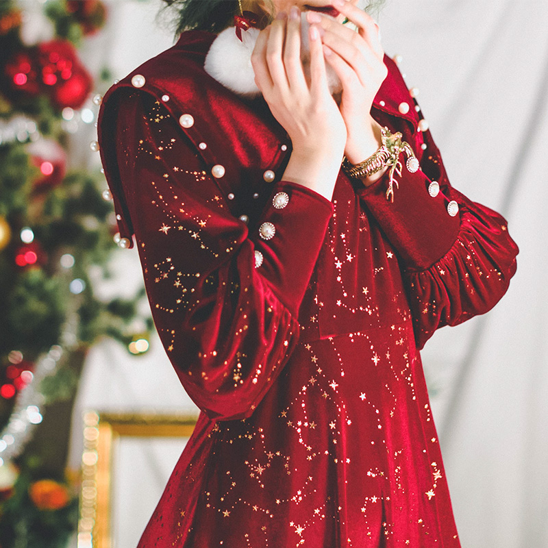 弥爱原创《胡桃夹子》圣诞限定冬天鹅绒复古珍珠红色长裙女连衣裙