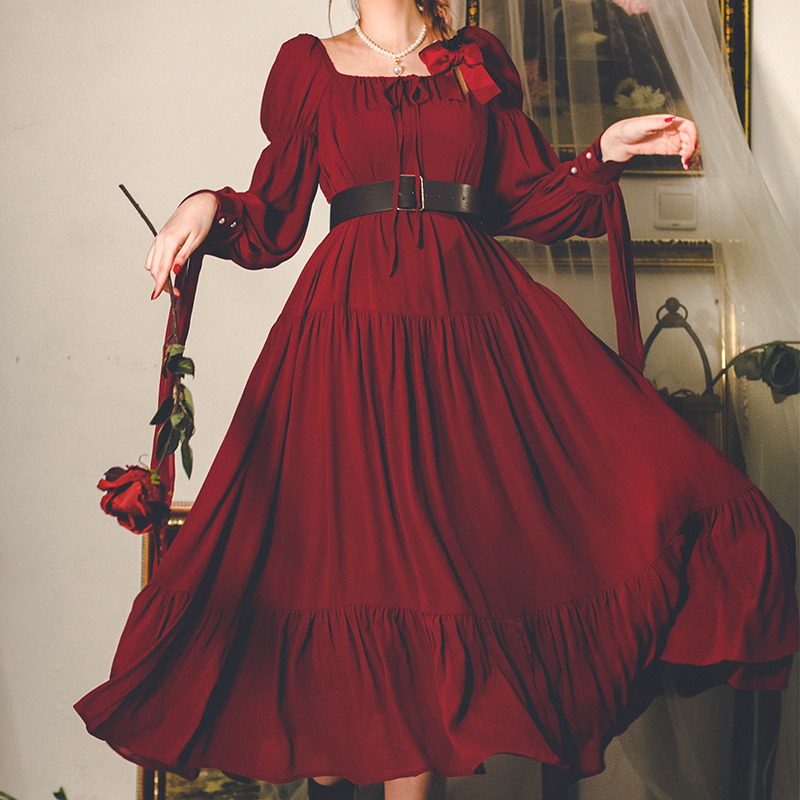弥爱原创《凡尔赛玫瑰》法式复古红色浪漫荷叶边大摆连衣裙系带秋
