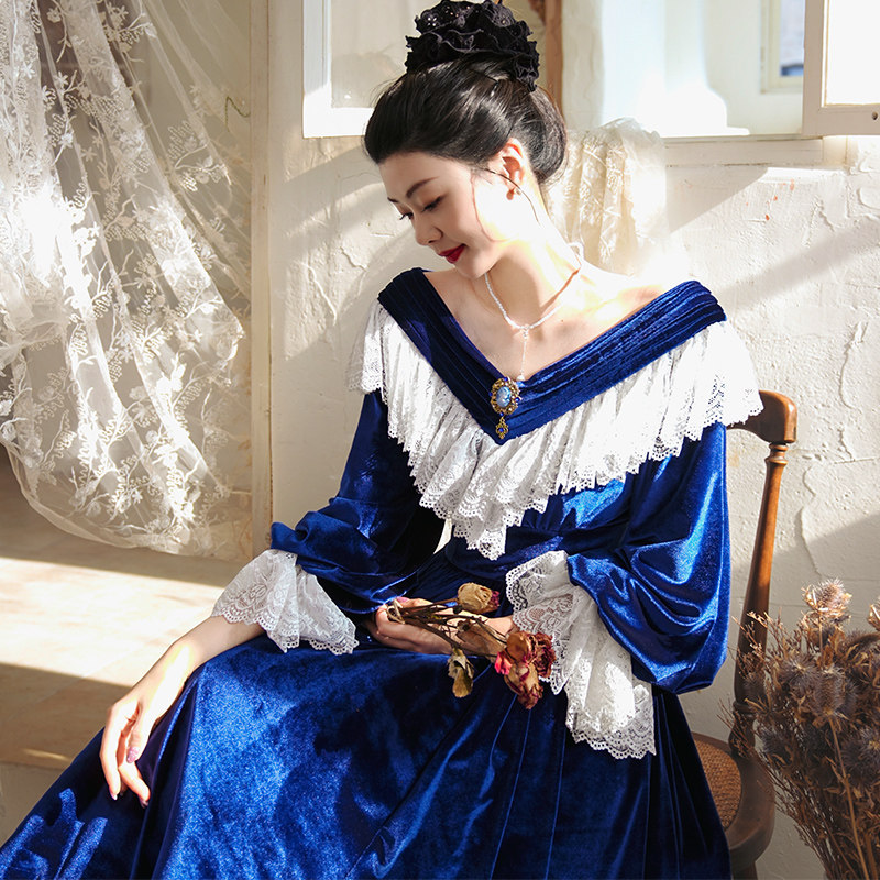 1/4上新 弥爱原创《蓝调月光》宫廷复古丝绒蕾丝束腰礼服连衣裙,淘宝优惠券,粉丝福利购,淘宝优惠卷