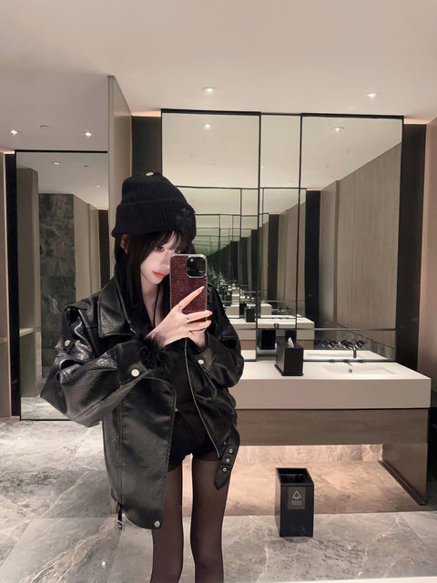 Eva Junjunjiang American retro motorcycle leather jacket women's profile lapel loose versatile high-end jacket top