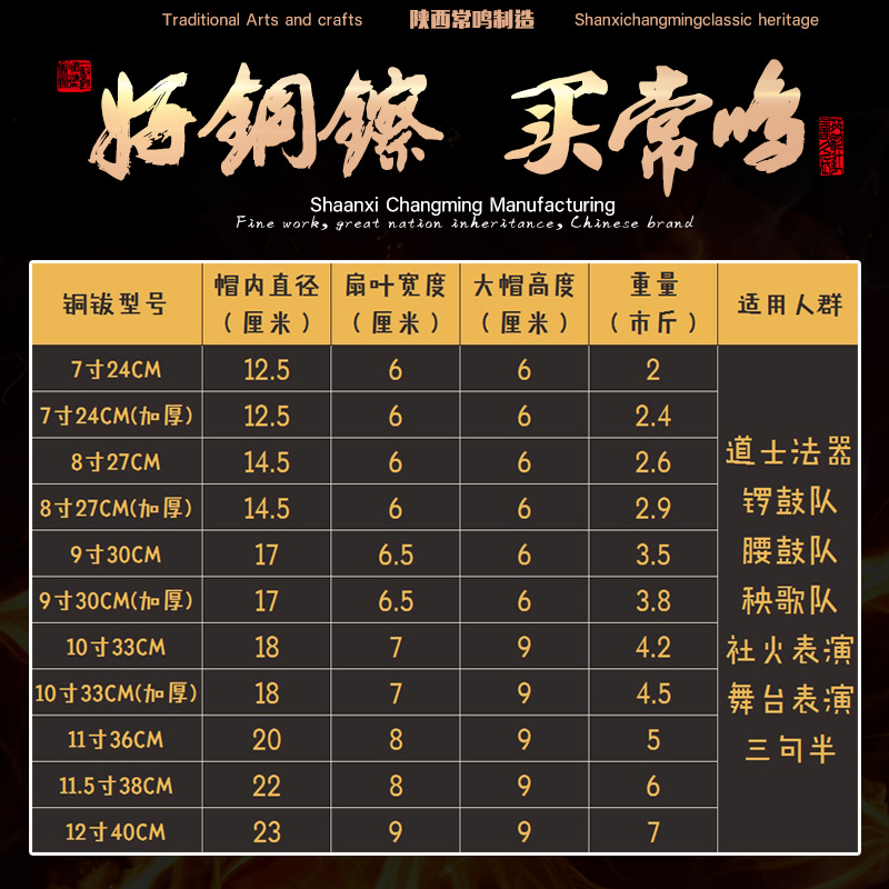 常鸣铜鼓 24CM铜钹大顶钹 大帽镲 7寸锣鼓队专用镲秧歌队专 乐器 - 图2