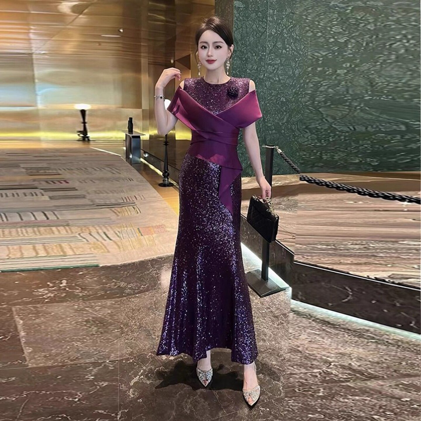 高雅轻熟名媛气质妈妈婚宴礼服酒红色喜婆婆装高端亮片露肩鱼尾裙