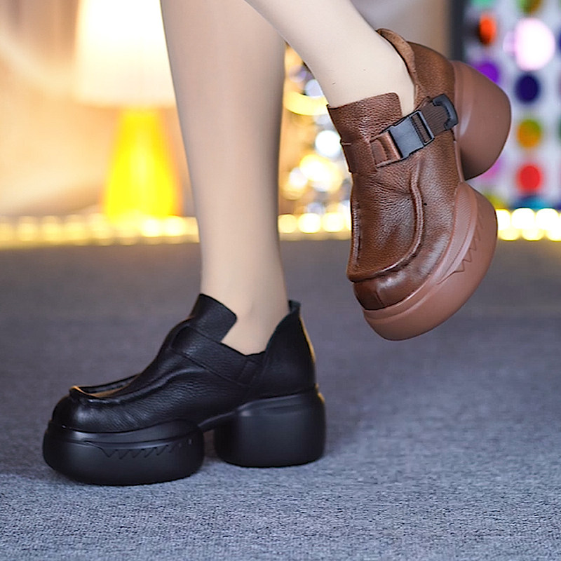 真皮松糕厚底单鞋春季新款纯牛皮一体跟小个子增高圆头深口小皮鞋,淘宝优惠券,粉丝福利购,淘宝优惠卷