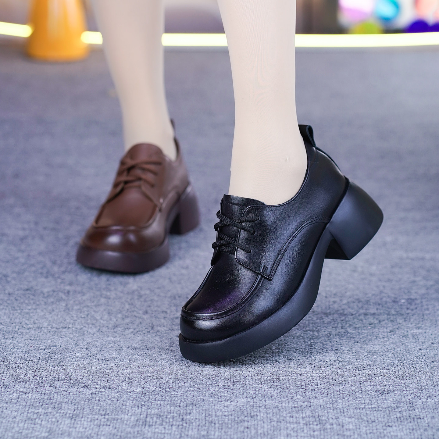 真皮粗跟单鞋女春季新款头层牛皮一体跟圆头系带软底软面深口单鞋,淘宝优惠券,粉丝福利购,淘宝优惠卷