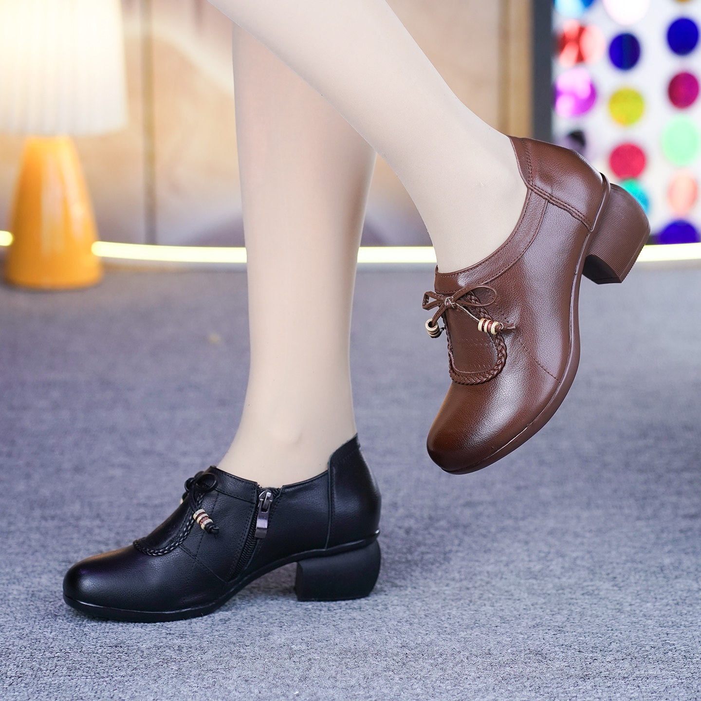 真皮单鞋女春季新款纯牛皮圆头粗跟软底软面中跟小皮鞋深口单鞋,淘宝优惠券,粉丝福利购,淘宝优惠卷