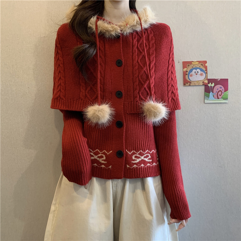 过年红色假两件连帽斗篷毛衣外套女秋冬大码胖mm加厚针织开衫上衣,淘宝优惠券,粉丝福利购,淘宝优惠卷