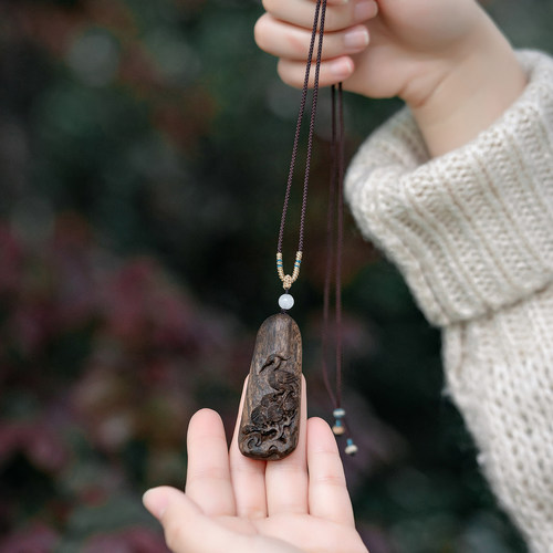 印尼达拉干沉香雕刻松鹤常青吊坠沉水民族风古典文玩木质挂件挂坠 - 图0