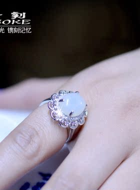 烙刻天然和田玉白玉戒指女银镶玉指环送礼物带证书羊脂玉镶嵌戒指