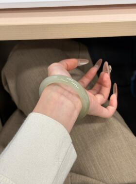 新疆和田玉湖水绿手镯女款晴水扁条平安镯青白玉茶色天然少女玉镯