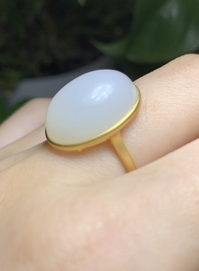 白玉戒指正品18K金镶玉羊脂白玉蛋面女士款玉指环