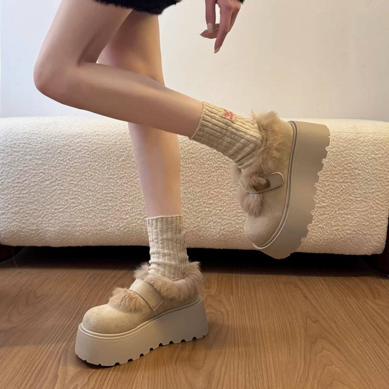 网红爆款复古时尚百搭增高厚底毛毛棉鞋女2025冬季新款松糕勃肯鞋,淘宝优惠券,粉丝福利购,淘宝优惠卷