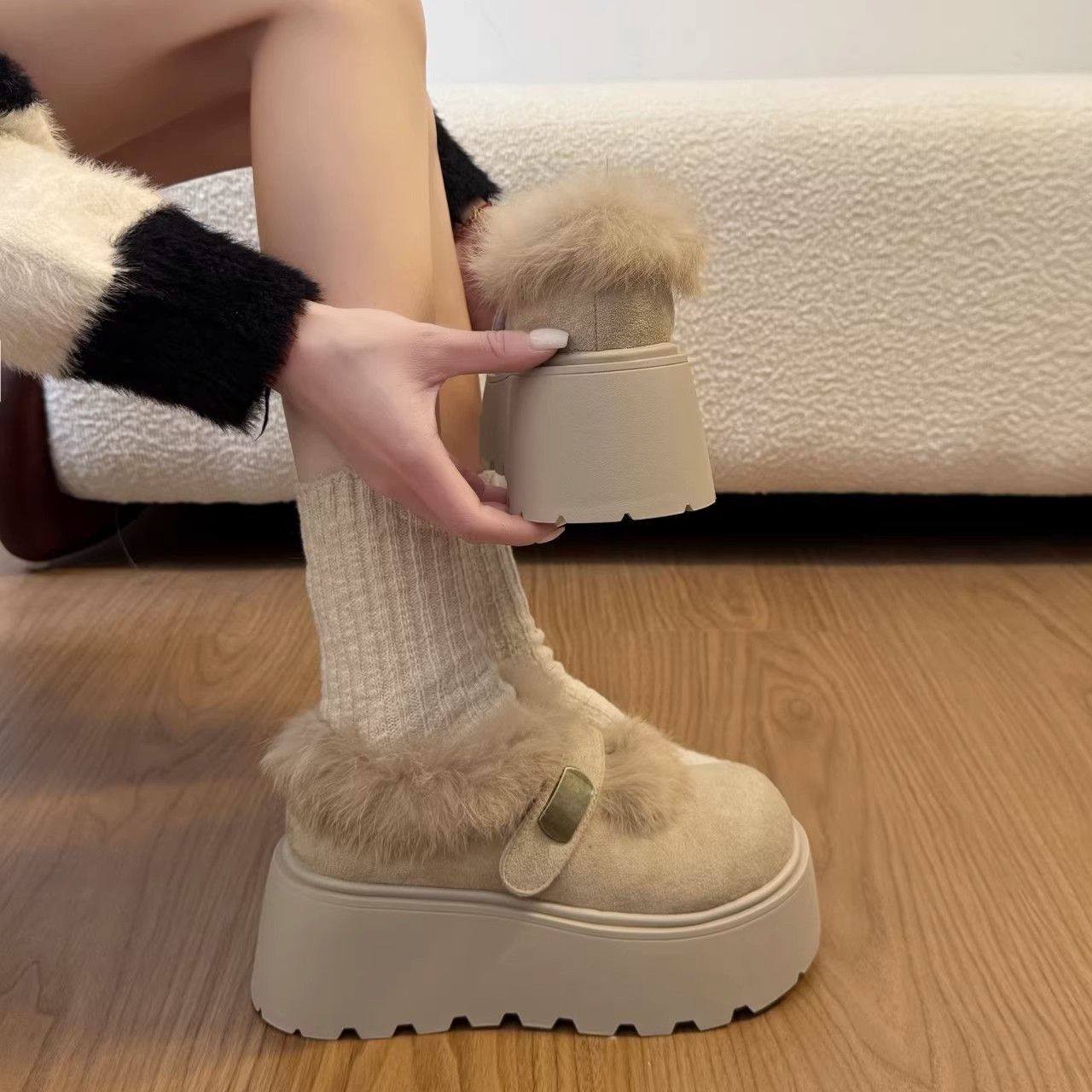 网红爆款复古时尚百搭增高厚底毛毛棉鞋女2025冬季新款松糕勃肯鞋,淘宝优惠券,粉丝福利购,淘宝优惠卷