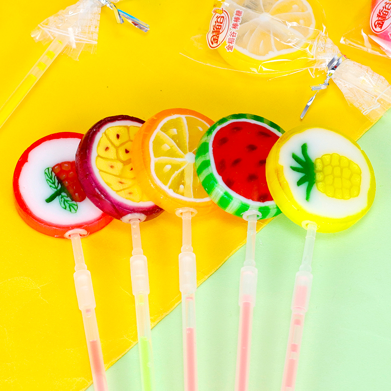 金稻谷荧光棒棒糖儿童棒棒糖水果味切片糖桶装水果糖儿童糖果零食