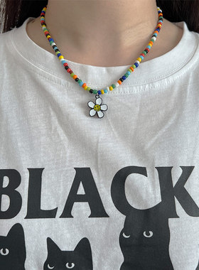 白鹿同款彩珠太阳花朵笑脸项链男女时尚潮流串绳白面黑底锁骨链圈