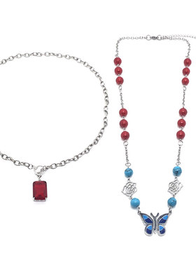 国潮原创设计蓝黑色天然玉石蝴蝶雏菊项链男女红宝石choker锁骨链