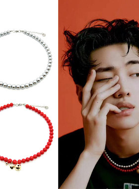 语义错误朴宰灿同款浅灰红色圆玻璃珠金铃铛爱心吊坠项链圈锁骨链