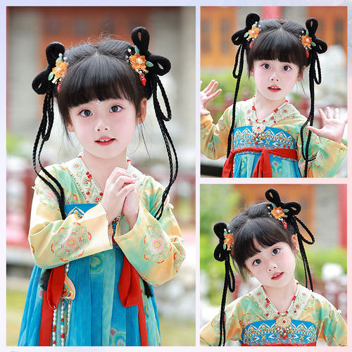 儿童古风假发女童汉服头饰一体式懒人发包古装发髻日常造型发饰 - 图2