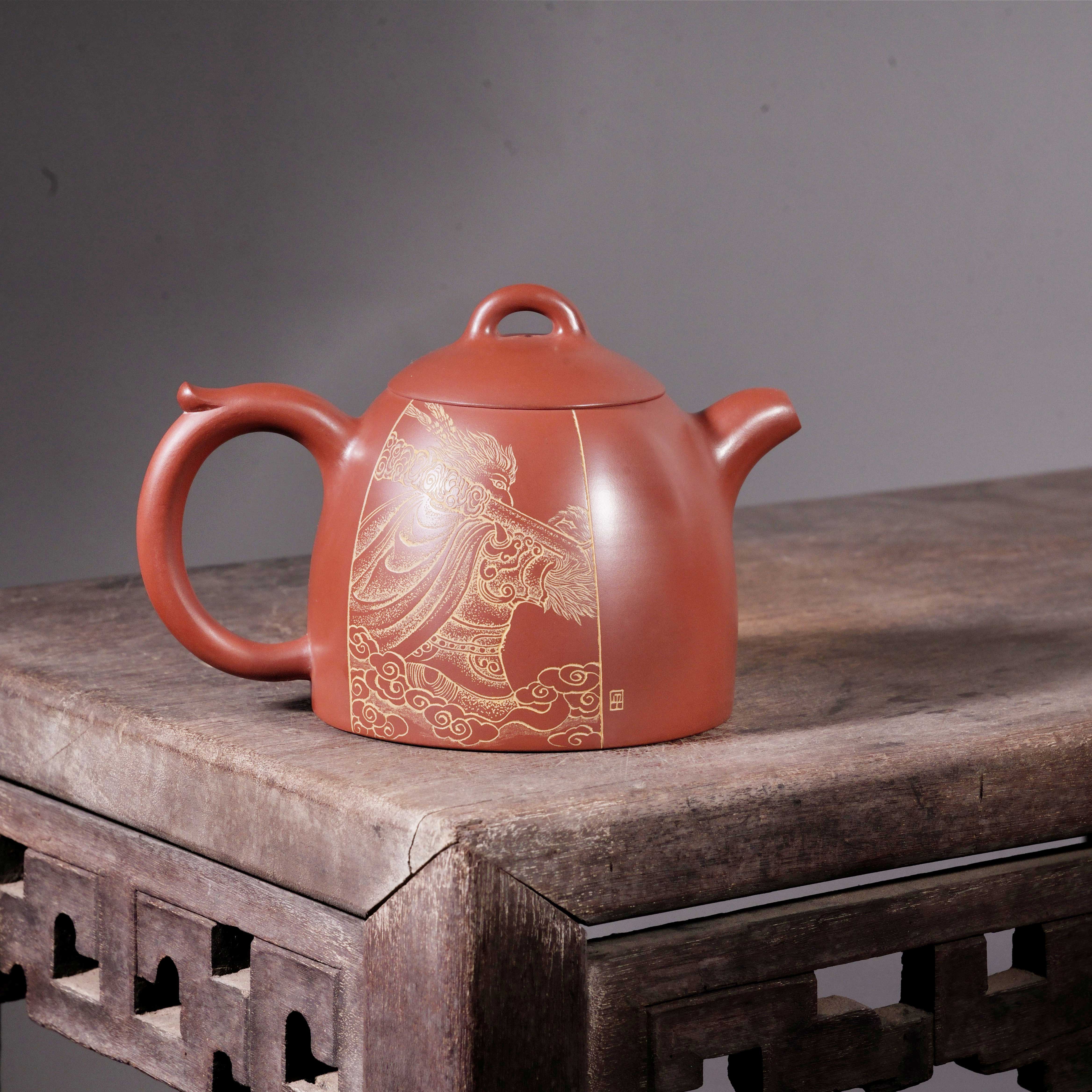 秦权壶 坭兴陶雕刻纯手工家用功夫泡茶壶 200cc 六堡茶具非紫砂 - 图1
