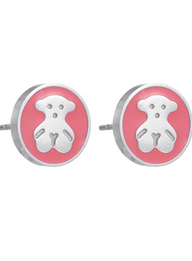 熊家不锈钢耳钉吊坠套装欧美圆形粉色滴油女款学生桃丝熊项链跨境