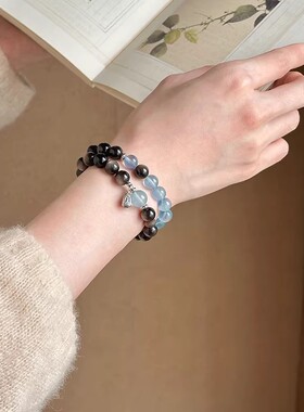 「夜澜雨」冰川海蓝宝银曜石天然水晶手串猫眼黑曜石手链男女款