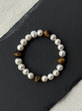 【衡耀】天然淡水珍珠手链男女简约感银耀石虎眼石水晶手串