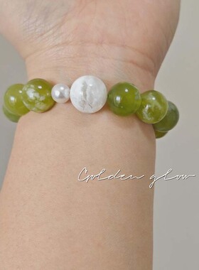 天然岫玉手串白幽灵水晶珍珠配饰清新绿色显白手链闺蜜送女友礼物