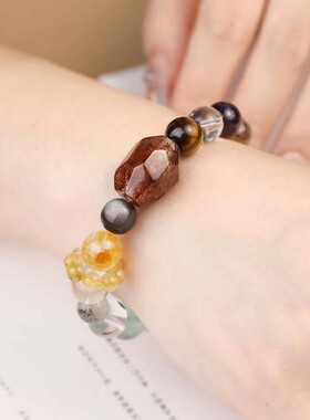 「全能多宝」天然水晶串珠多宝手串黑金超七虎眼石金发晶手链礼物