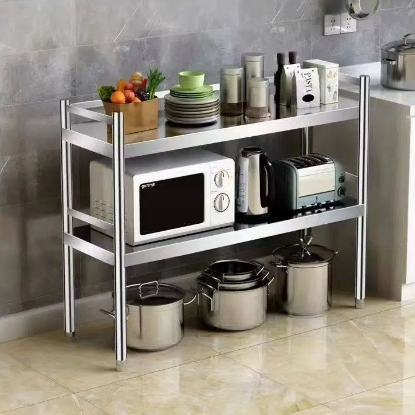 304不锈钢置物架厨房台面双层货架微波炉架子烤箱锅架调料收纳架 - 图0