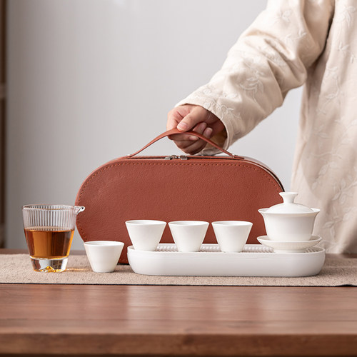 简约旅行茶具套装陶瓷盖碗茶杯便携式手提包商务礼品可定制LOGO - 图0