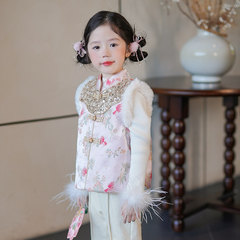 女童套装冬装2025新款拜年服汉服马甲提花丝绒盘扣上衣儿童新中式,淘宝优惠券,粉丝福利购,淘宝优惠卷