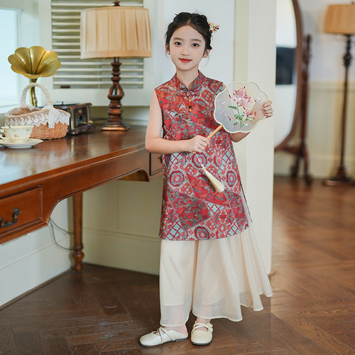 53853中国风女童红色旗袍上衣2025夏季新款新中式汉服裤子两件套 - 图2