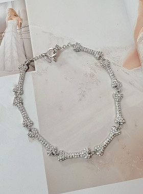 欧美风短款简约高冷INS镶钻金属项链立体骨头设计时尚锁骨链配饰