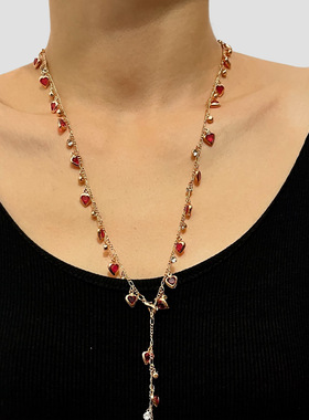 时尚红色爱心水钻长款项链